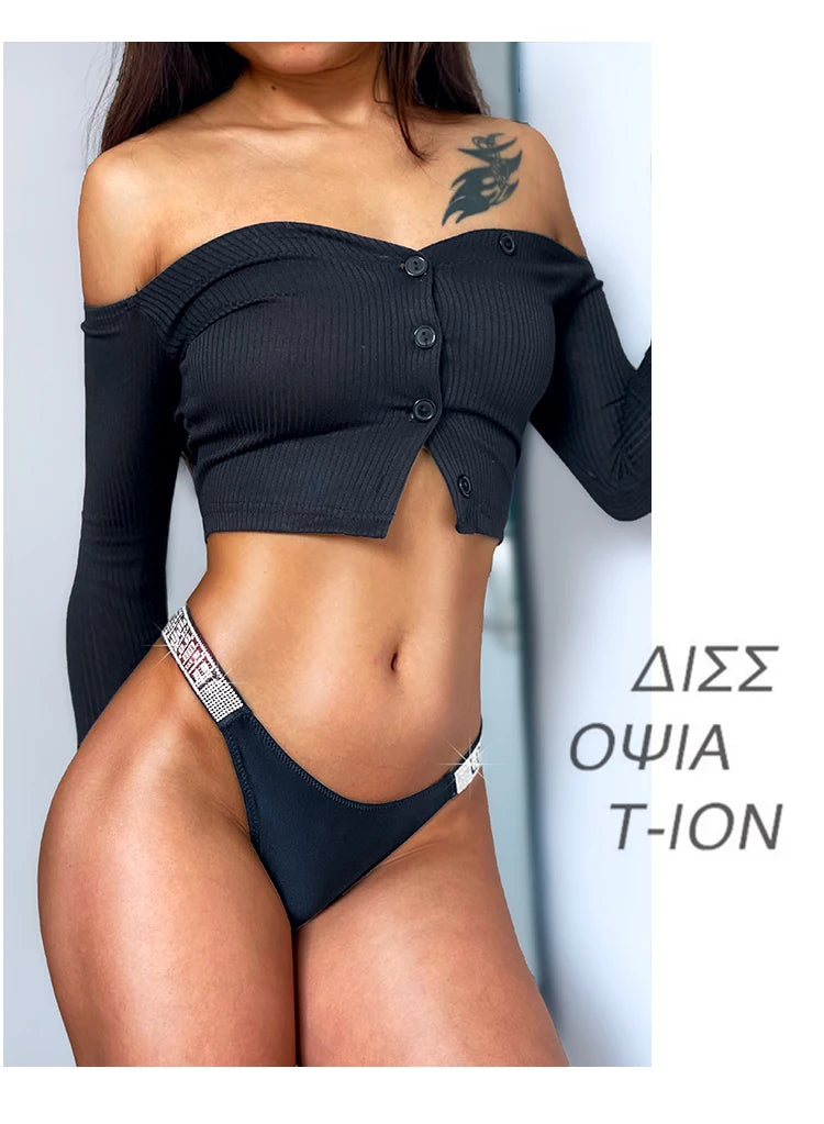 Low Waist Sexy Women’s Thongs with Rhinestones & Diamonds - G-String Sports Briefs, T-back, Size S-XL