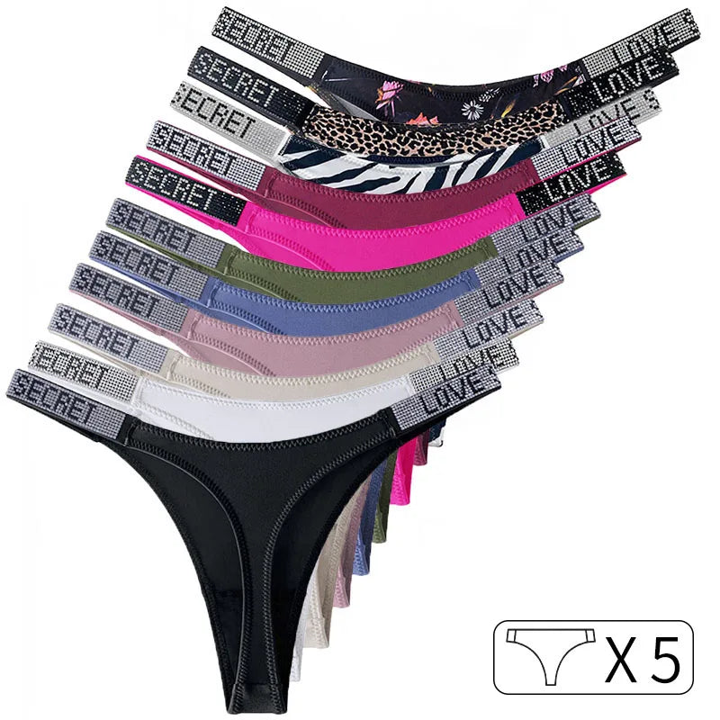 5Pcs Sexy Low Waist Rhinestone Thongs for Women – Sparkling G-string with Diamonds, S-XL